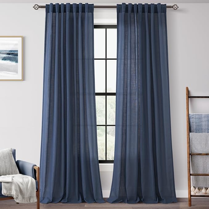 Navy Blue Curtains 105 inch Length for Bedroom Back Tab Light Filtering Semi Sheer Blue Living Room Curtains Linen Cotton Textured Indigo Blue Drapery Panel Modern Farmhouse Aesthetic Decor Dark Blue