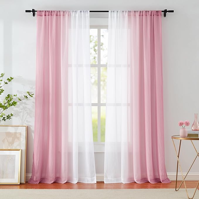 Ombre Chiffon Sheer Curtains Pink for Living Room Gradient Crinkle Semi Voile Curtain Panels for Bedroom Light Filtering Window Drapes for Office, Patio, Holiday Decor, Rod Pocket, 52"Wx95"L, 2 Pcs