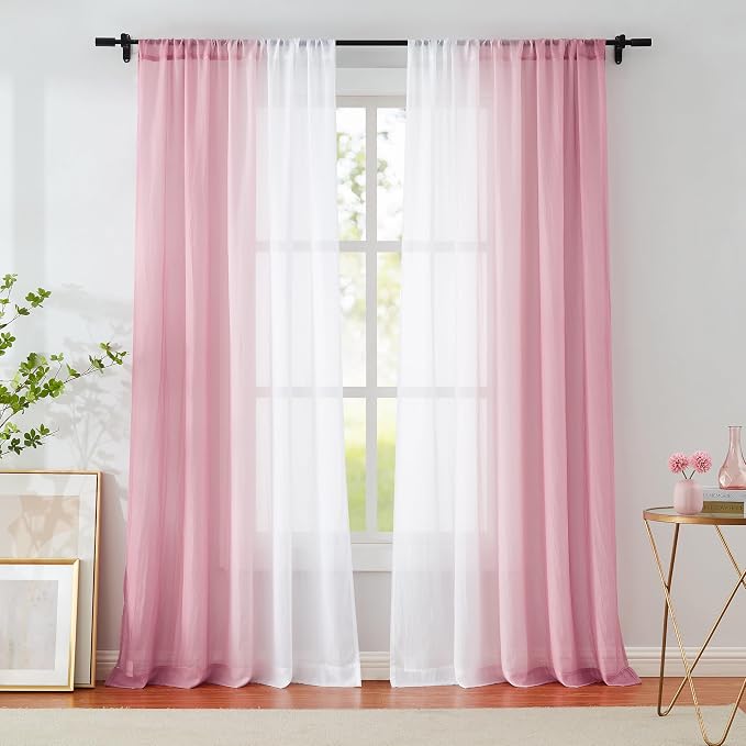 Pink Ombre Chiffon Sheer Curtain 63 Inch Long for Living Room Crinkle Semi Sheer Curtain Panels for Bedroom, Gradient Light Filtering Window Drapes Set of 2 for Kids Room, Office, Rod Pocket, 52"W