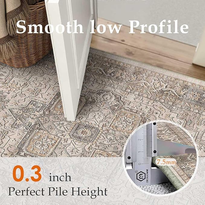 6x9 Washable Vintage Area Rug Brown Oriental Living Room Bedroom Throw Rug Neutral Non Slip Soft Low Pile Carpet for Dining Room Office Nursery Indoor