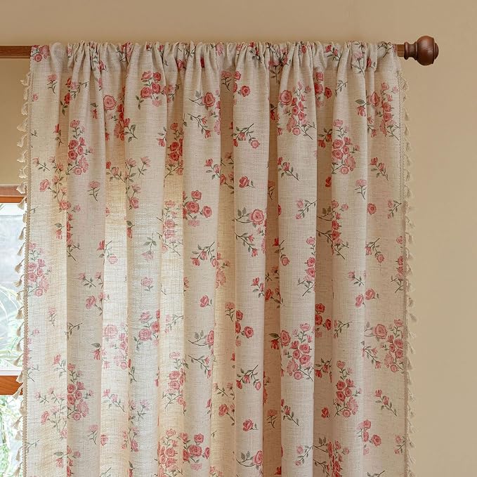 OYX Pink Boho Floral Curtains 63 Inch Long 2 panels, French Vintage Farmhouse Patterned Decor Window Drapes With Tassels, Girls Semi-Sheer Light Filtering For Bedroom Living Room (Rod Pocket, 52Wx63L)