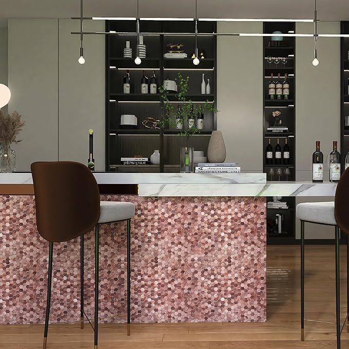 KASARO Peel and Stick Backsplash Tiles, 12" x 12" 3D Pink Hexagon Metal Mosaic Wall Panel, Self-Adhesive Waterproof Kitchen Backsplash for Bathroom, Fireplace, Living Room Decor, 8 Pack