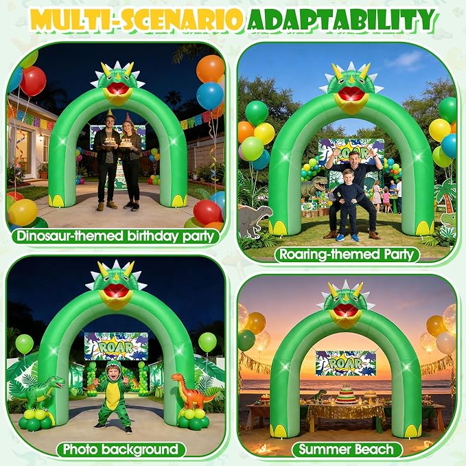 9.5FT Giant Triceratops Inflatable Arch - Dinosaur Birthday Party Decorations for Boys Kids, Dinosaur Day Jungle Theme Photo Backdrop with 1 Blower 2 Banners & 3 LED Lights, Outdoor Yard Blow-Up Decor