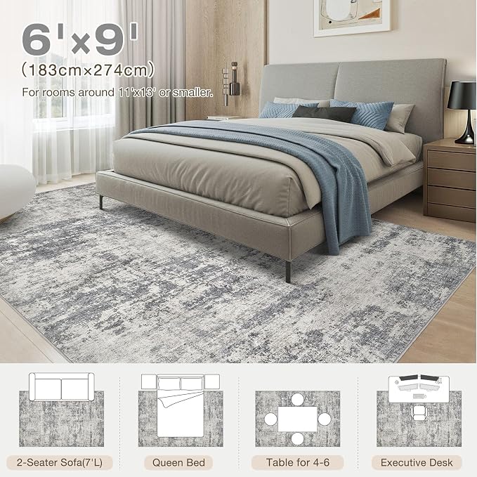 Abstract 6x9 Area Rug: Machine Washable Non Slip Ultra Thin Low-Pile Carpet, Soft Stain Resistant for Living Room Bedroom Nursery, Kid Pet Friendly, Robot Vacuum Compatible - Grey Beige