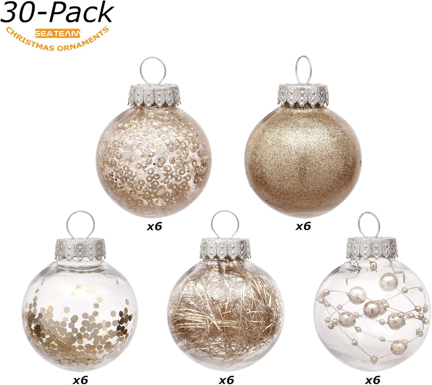 Sea Team 50mm/1.97" Shatterproof Clear Plastic Christmas Tree Ball Ornaments Set, Decorative Hanging Transparent Xmas Baubles with Stuffed Delicate Decorations (30 Counts, Champagne)