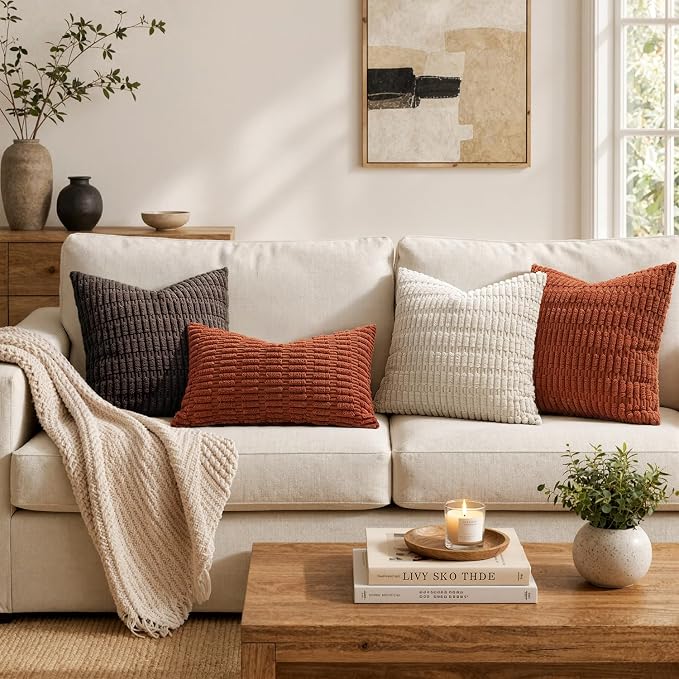 MIULEE Fall Pack of 2 Rust Corduroy Decorative Euro Sham Pillow Covers 24x24 Inch Soft Boho Striped Throw Pillow Covers Modern Farmhouse Home Decor for Sofa Living Room Couch Bed
