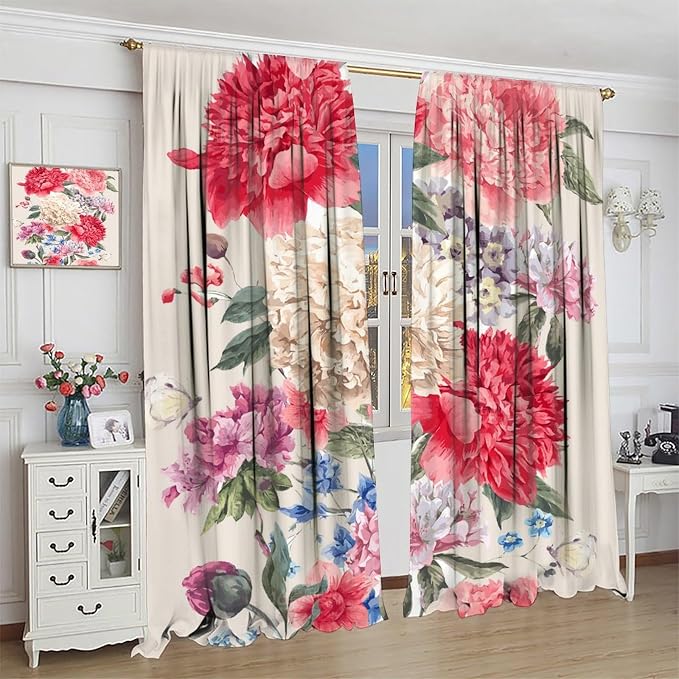 Floral Blackout Window Curtain Vintage Bouquet of Peony Wild Flowers Nature Botanical Leaf for Home Kitchen Restaurant Decoration Drapes 2 Panels 84x84in