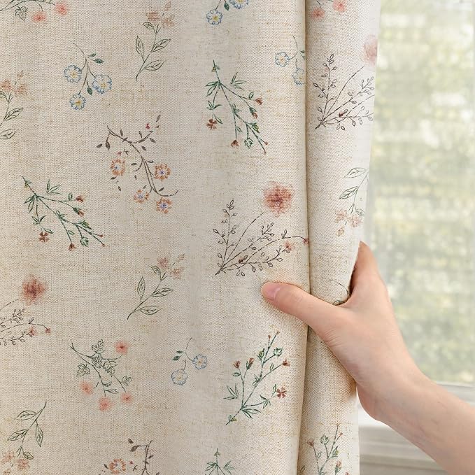 Boho Floral 100% Blackout Curtains for Bedroom 84 Inch Length 2 Panels Set, Linen Texture Farmhouse Curtains Beige Tassel for Living Room Vintage Rustic Patterned Printed Western Rod Pocket