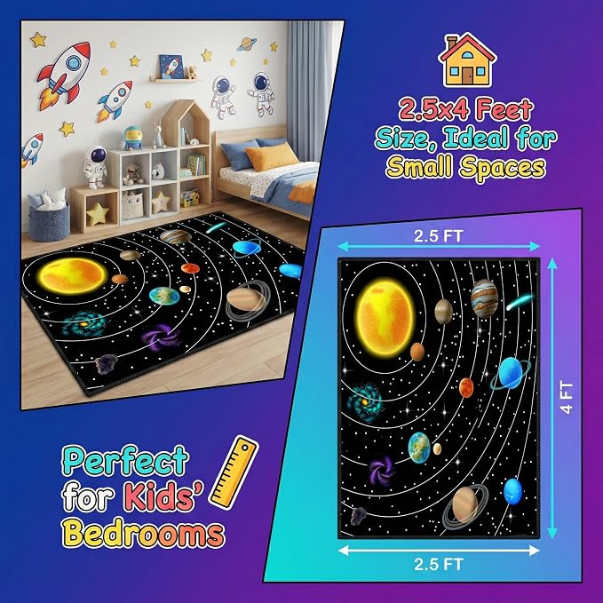 Space Rugs for Bedroom,Outer Space Rug for Boys Room with Solar System Theme,Space Themed Carpet for Kids Bedroom Decor,2'5''×4'