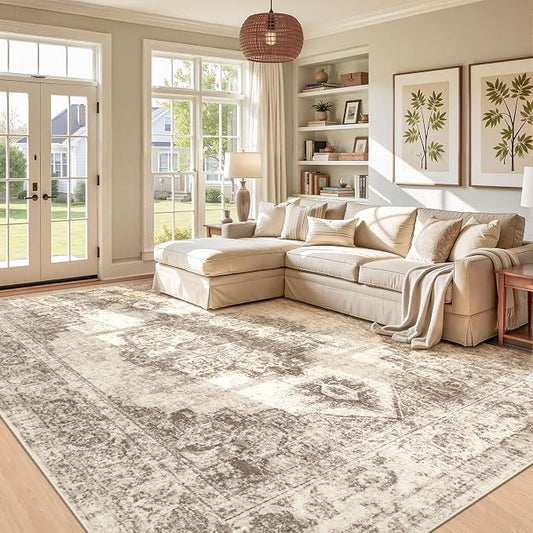 Area Rug 9x12 Vintage Rugs: Large Washable Indoor Medallion Rug Low Pile Distressed Floor Carpet Retro Accent Rugs for Living Room Bedroom Kitchen Dining Table Home Office(Taupe, 9'x12')