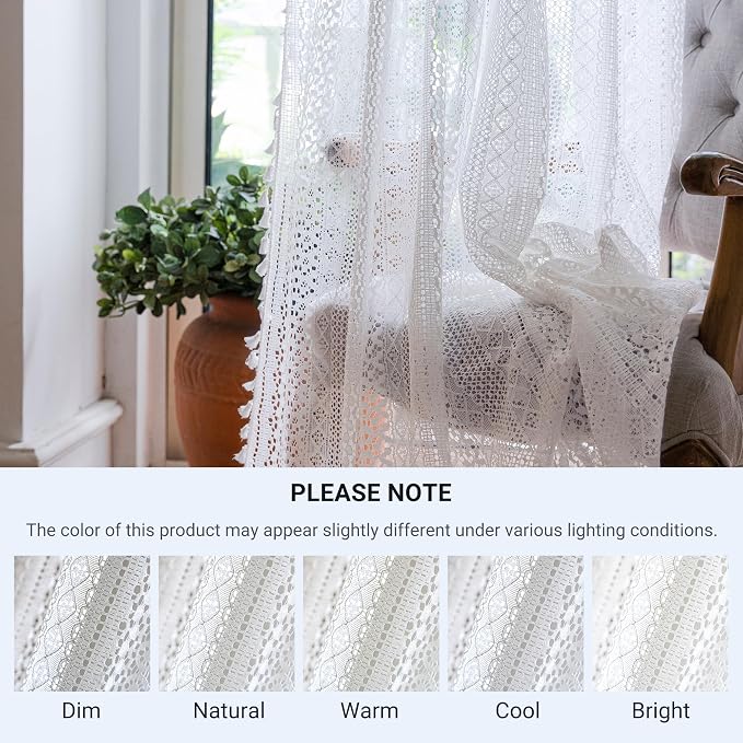 WAZZIO Boho Lace Curtains 72 Inches 2 Panel,Light Filtering Privacy Tassel & Geometry Crochet Semi Sheer Curtain Drapes for Bedroom Living Dining Room,Rod Pocket & Tassel,Victorian Decor,Off White