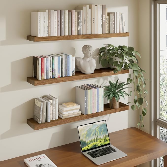 ROGMARS 36 Inches Long Walnut Floating Shelves | Rustic Solid Wood Farmhouse Wall Shelves with Invisible Brackets for Bathroom, Living Room, Bedroom, Kitchen Set of 3