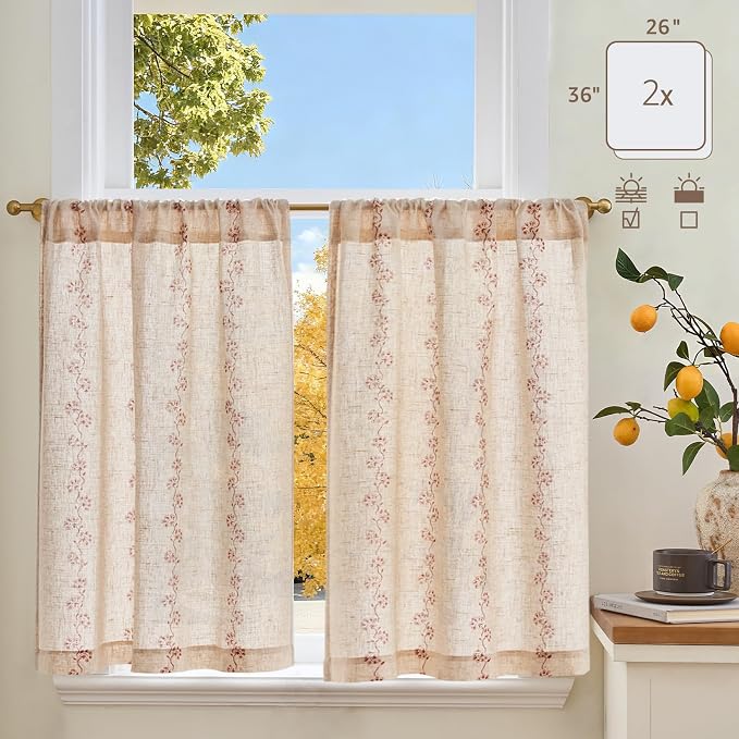 jinchan Katy Linen Floral Kitchen Curtains 36 Inches Length Stripe Cafe Curtains Farmhouse Cottagecore Tier Small Window Drapes for Living Room Light Filtering Rod Pocket 2 Panels Terracotta on Linen