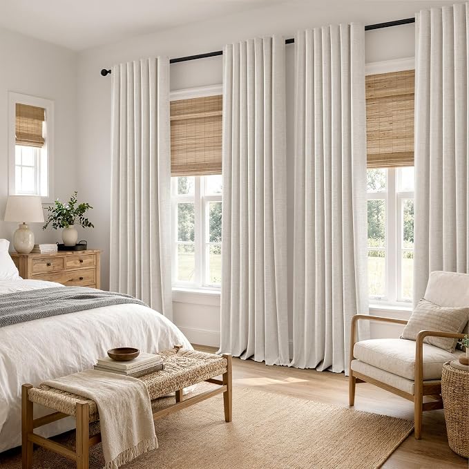 MIULEE 100% Blackout Linen Curtains for Bedroom, Birch Solid Luxury Decor Thermal Insulation Room Darkening Drapes for Living Room Back Tab Rod Pocket 42 x 96 Inches, 2 Panels