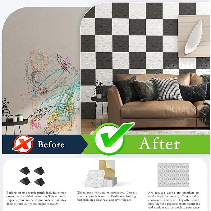 12Pack Acoustic Wall Panels, Honeycomb Self-Adhesive Sound Proof Foam Panels for Walls, High Density Decorative Hexagon Sound Absorbing Wall Tiles for Recording Studios, Home, 12"×12"×0.4", White