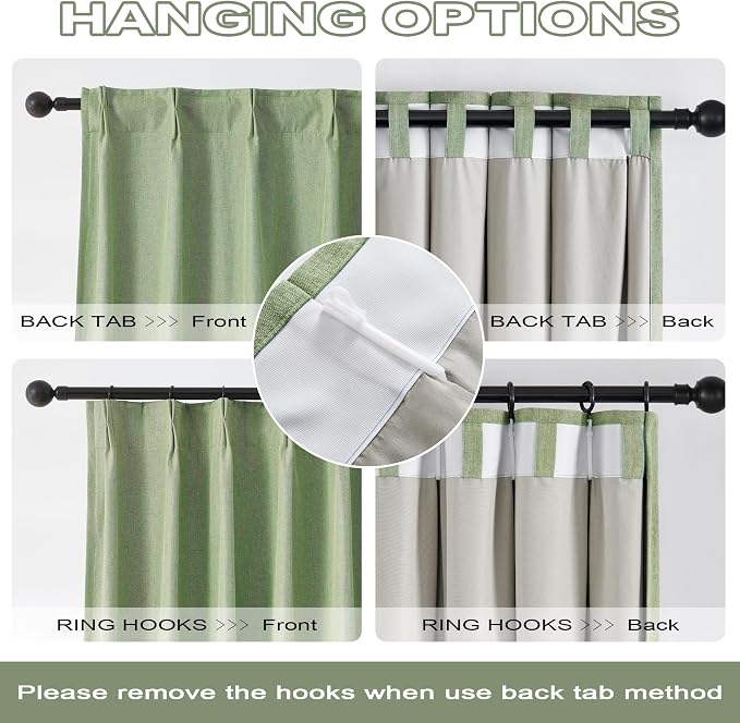 DUALIFE Sage Green Pinch Pleated Blackout Curtains 40 x 102 Inches Long, Back Tab Drapes for Living Room Bedroom Thermal Insulated Full Blackout Draperies with Hooks