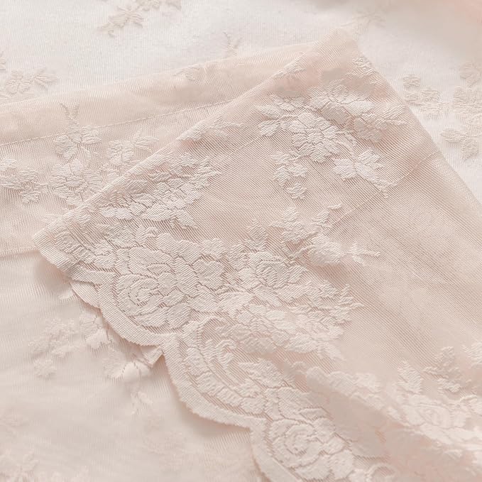 Blush Pink Lace Curtains 36 Inch Length, 2 Panels, W42 x L36 Inch Each, Country Rustic Floral Coquette Lace Cafe Curtains for Kitchen Window, Rod Pocket Privacy Short Sheer Curtain for Small Windows
