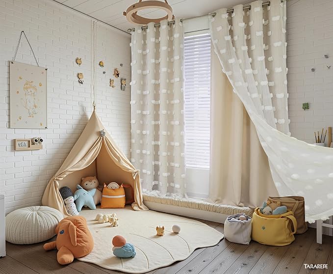 MYSKY HOME Kids Curtains for Girls Bedroom Double Layer Curtain for Daughter Room 84 Inches Long Pom Pom Sheer Drapes Beige Curtains for Living Room Grommet Room Darkening Panels W52 X L84