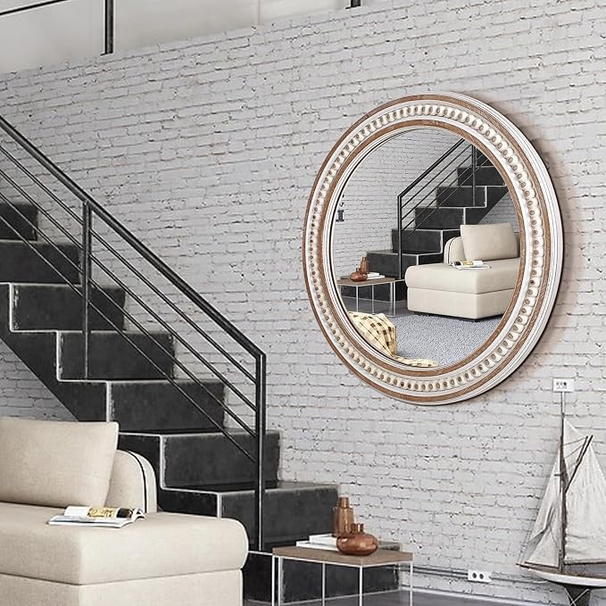24 Inch Round Bathroom Mirror, Wooden Circular Mirrors for Wall Decor | Rustic Farmhouse Styling Adds Cozy Character Above Sinks, Vanities, Consoles, Dressers, Mantels, or Sofas