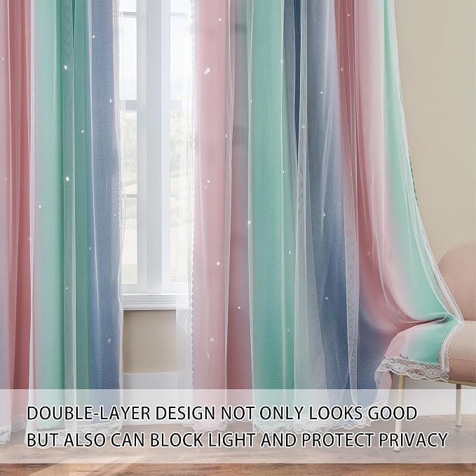 XiDi Pink Grey Green Girls Curtains for Bedroom Rainbow Blackout Short Curtains for Kitchen Cafe Window Room Darkening Kids Childs Nurser Room Wall Decor 45 inches Long 52 inches Wide 2 Panels Set