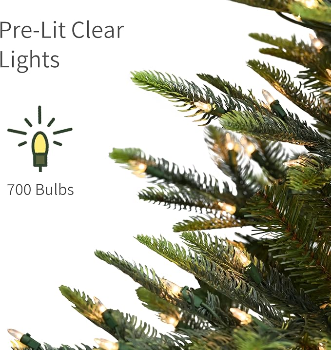 Puleo International 7.5ft Pre-Lit Aspen Fir Artificial Christmas Tree with 700 Clear Lights, 1319 Realistic Dense Branch Tips, Easy Setup Artificial Trees with Sturdy Metal Stand