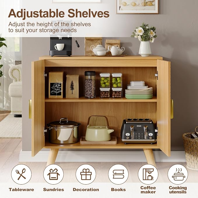 Sideboard Buffet Cabinet with Storage, Line-Grooved Storage Cabinet, Oak | Accent Cabinet with Doors and Adjustable Shelf for Kitchen Dining Living Room Hallway‌ Entryway