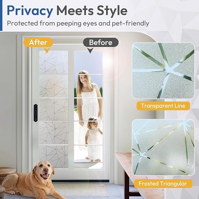 rabbitgoo Window Privacy Film with Decorative Triangle Pattern, Non-Adhesive Frosted Glass Window Film for Bathroom, UV Blocking Vinyl Sticker for Glass Door Covering, 23.6 x 78.7 Inches