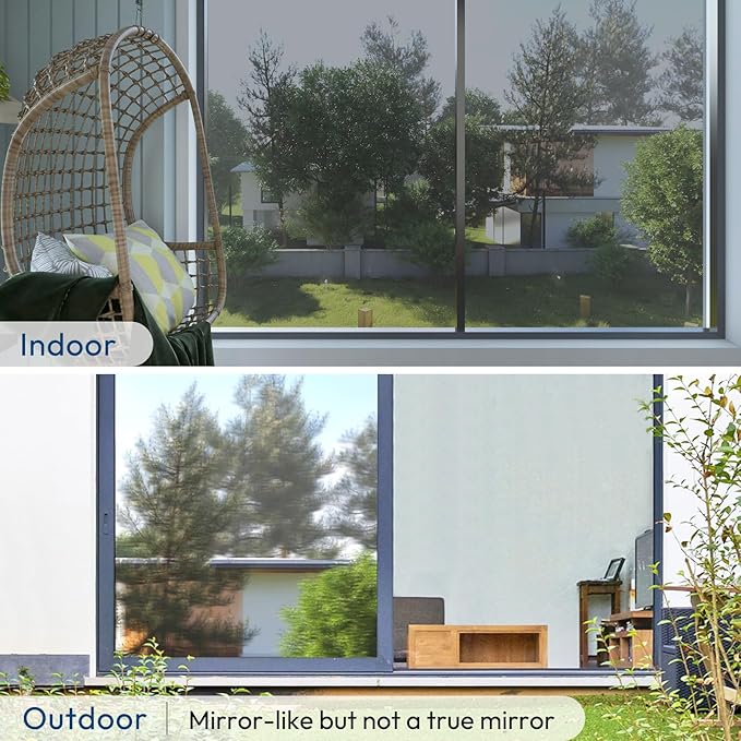 rabbitgoo Window Privacy Film One Way Window Tint for Home, Removable Reflective Heat Sun Blocking Anti UV Glass Door Covering, Mirror Tinting Film House Office, 23.6 in X 16.4 Feet, Silver