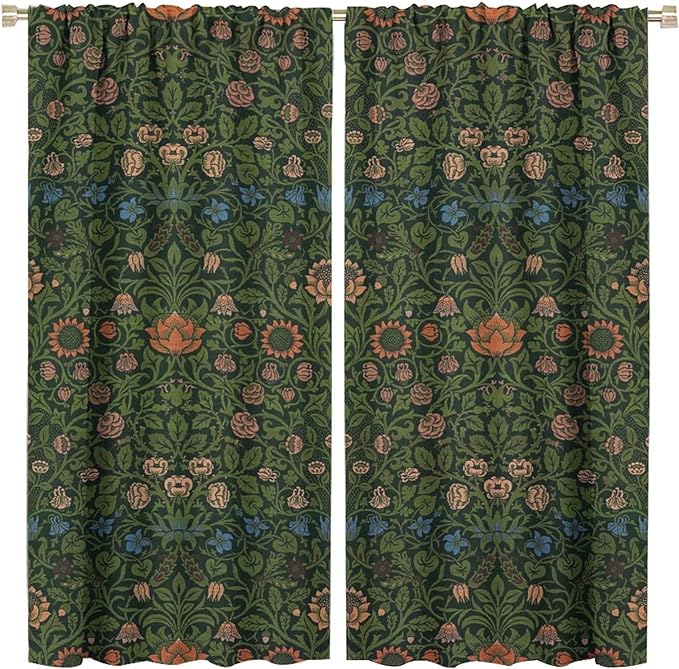 Bohemia Plant Flowers Pattern Blackout Window Curtains, William Morris Art Print Vintage Decor Curtains, for Living Room Bedroom 21(W)*63(L) 2 Panels