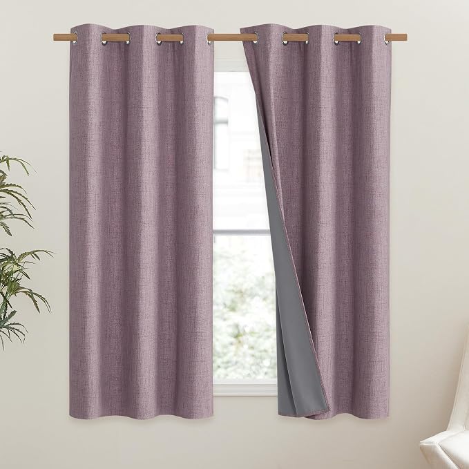 NICETOWN Chaise Mauve Vintage Linen 100% Blackout Curtains for Dining Room, Thermal Insulated Curtains 54" Long, Noise Reducing Window Treatment Drapes for Kitchen, 42" Wide Per Panel, Set of 2