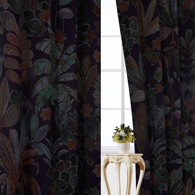 Estelar Textiler Purple Boho Blackout Floral Curtains 108 inch Long for Living Room,Energy Saving Window Treatment Room Darkening Grommet Thermal Insulated Curtains for Bedroom 2 Panels Set,52Wx108L