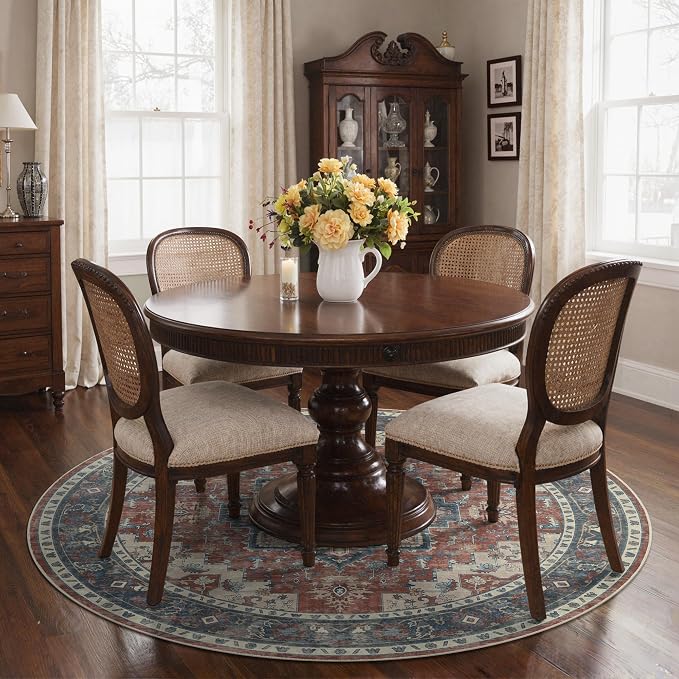 GENIMO 5FT Round Area Rugs for Living Room, Circle Rugs Machine Washable Low Pile, Non Slip Vintage Rug for Bedroom, Dining Room, Home Office, Bordeaux