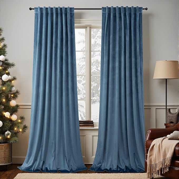 Stone Blue Velvet Curtains 102 Inch Long 2 Panels Soft Heavy Heat Blocking Noise Reducing Room Darkening Window Drape for Bedroom Living Room Dining Custom Made Length Mid Century Modern Vintage Decor