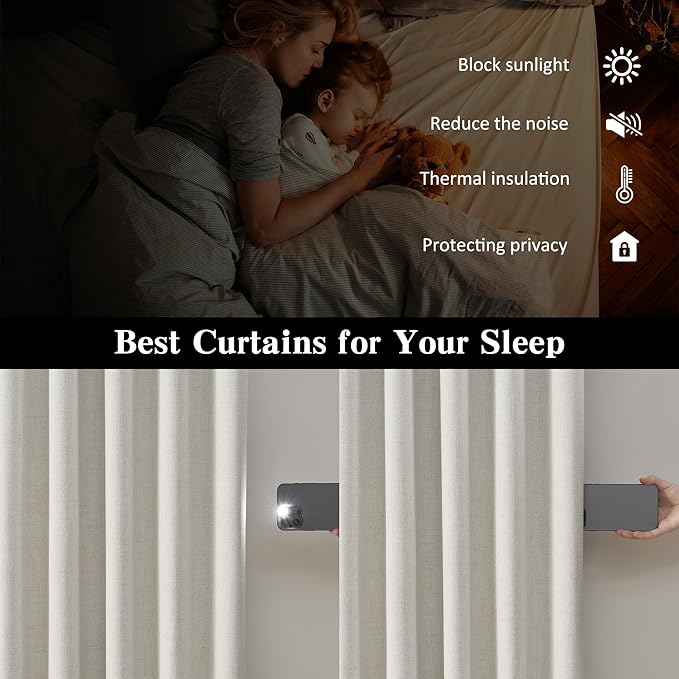 Natural Birch 90 Inch Long Extra Wide Linen Blackout Curtains for Large Windows,Back Tab Pleaetd Drapes with Hooks Track System Curtain Panels Room Divider Curtains for Patio Sliding Door 70 x 90