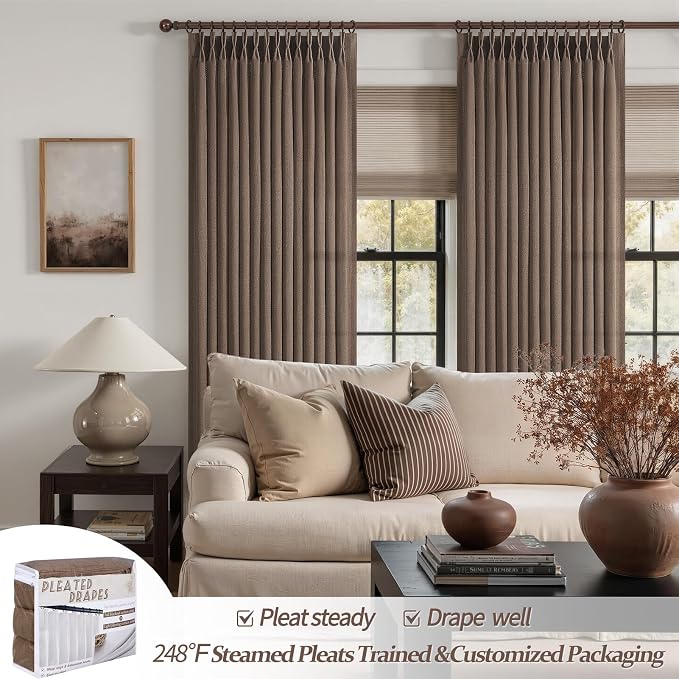 Dark Brown Pleated 90 Inch Bedroom Curtains 2 Panels Set, Memory Shape Pinch Pleat Linen Semi Sheer Light Filtering Privacy Windows Drapes Country Dining Room Curtain 90 Inches Long with Hooks & Rings