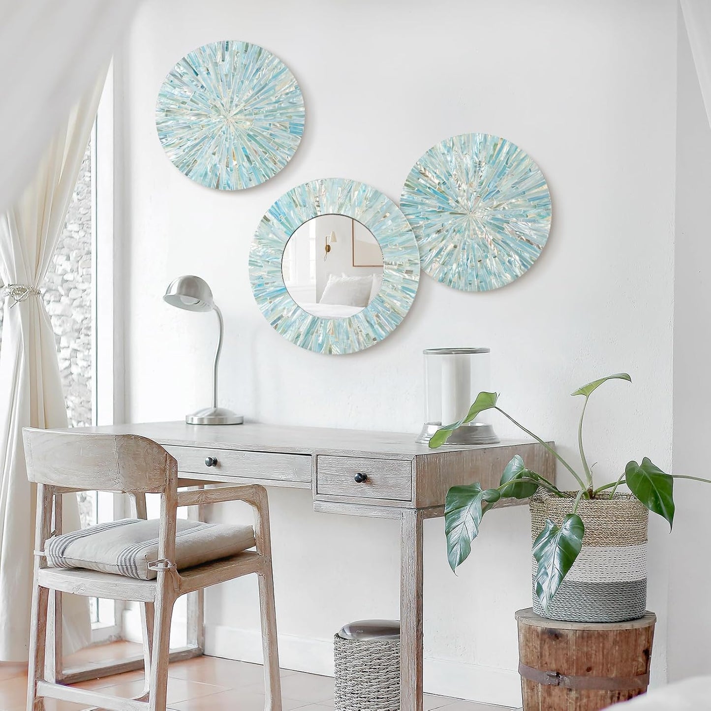 Beach Mirror Wall Decor for Living Room, 3PCS Natural Mother of Pearl Coastal Wall Art Bedroom Bathroom Decoration, Handmade Ocean Round Wall Hanging Sculptures for Home Office Holiday Hotel