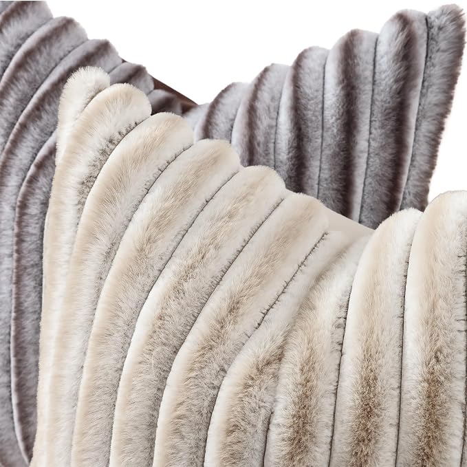 decorUhome Fall Cozy Faux Fur Throw Pillow Covers 26x26 Set of 2 Decorative Soft Plush Striped Modern Farmhouse Boho Couch Euro Sham Pillow Cases with Velvet Back for Sofa Bed Living Room, Brown White