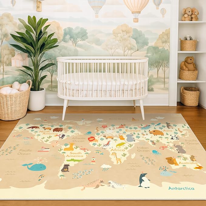 Kids Bedroom Rug with World Map & Animals – 4x6 Educational Washable Area Rug for Playroom, Cute Global Animal, Featuring Continents & Native Wildlife Carpet for Dorm or Classroom - Soft Beige