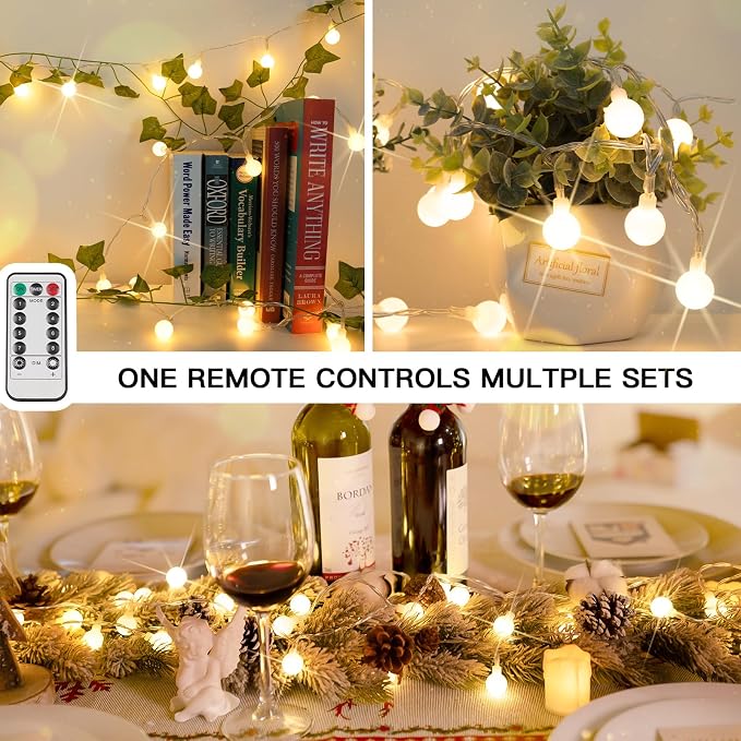 suddus 50 LED Globe String Lights Battery Operated with Remote Warm White | Hanging Fairy Lights With Timer,String Lights for Bedroom for Bedroom, Dorm, Classroom Christmas,Indoor,Outdoor Decor