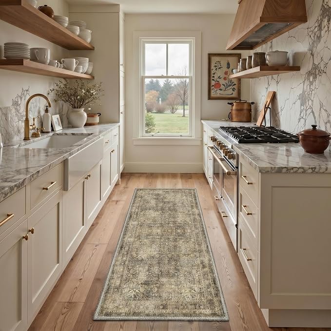 Bavni 2x6 Rug Runners for Hallways, Washable Runner Rug Non Slip,Vintage Floral Print Style Rugs for Bedroom-Lightweight Low Pile Carpet for Hallways Bathroom, Multi Brown