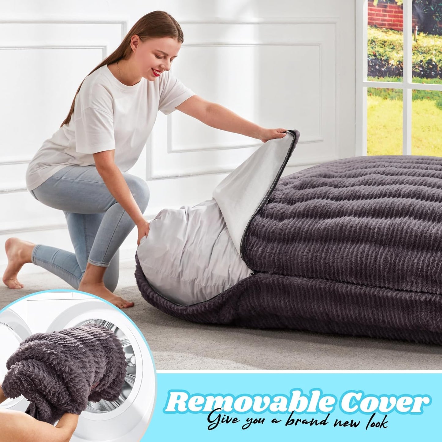 Hobestluk 3 in 1 Bean Bag Chair Giant Bean Bag Chairs for Adults with Ripple Cover Convertible Bean Bag Floor Cushion with Machine Washable Cover for Living Room (Ripple Dark Grey)