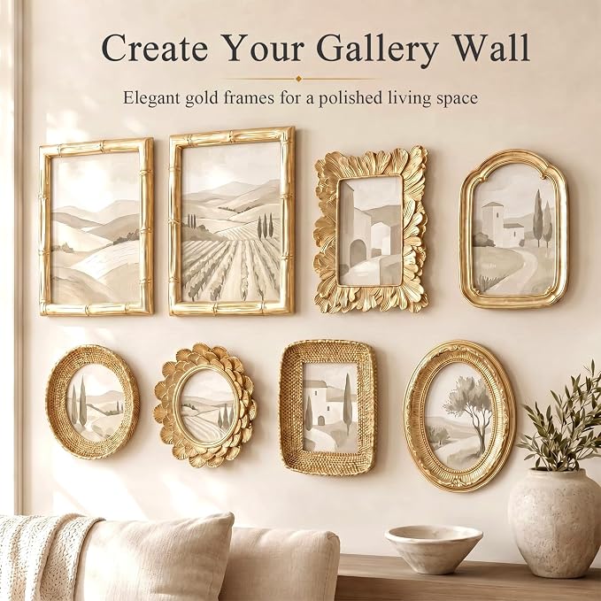 8 Pcs Gold Picture Frames Set for Gallery Wall, Gold Bamboo Frames Collage Assorted Sizes 8x10, 5x7 & 4x6, Modern Ornate Victorian Royal Decor for Wall Mount & Tabletop Display
