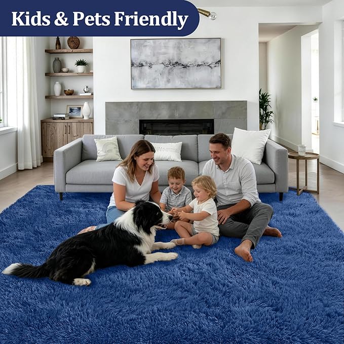 Fluffy Area Rugs 9x12 Living Room Bedroom: Ultra Soft Shag Rug Upgrade Non-Slip Non-Shedding Large Fuzzy Plush Carpet Indoor Floor Carpets for Kids Room Playroom Nursery Dorms Home Decor Blue