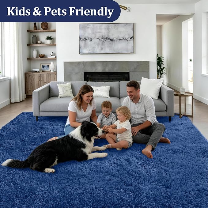 8x10 Area Rugs for Living Room Bedroom: Ultra Soft Fluffy Shag Rug Upgrade Non-Slip Non-Shedding Large Fuzzy Plush Carpet Indoor Floor Carpets for Kids Room Playroom Nursery Dorms Home Decor Blue