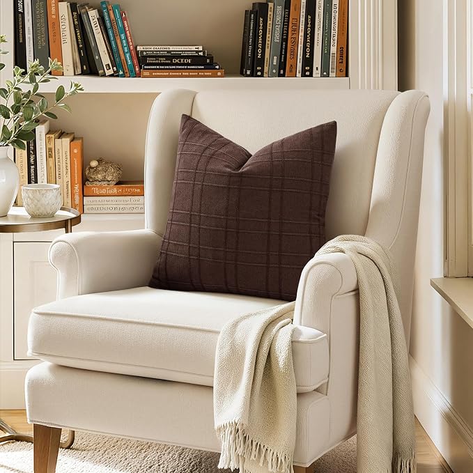 MIULEE Decorative Linen Check Throw Pillow Covers Neutral Farmhouse Vintage Pillow Covers 20x20 Set of 2 Boho Modern Winter Home Decor for Sofa Couch Bedroom Cushion Dark Brown