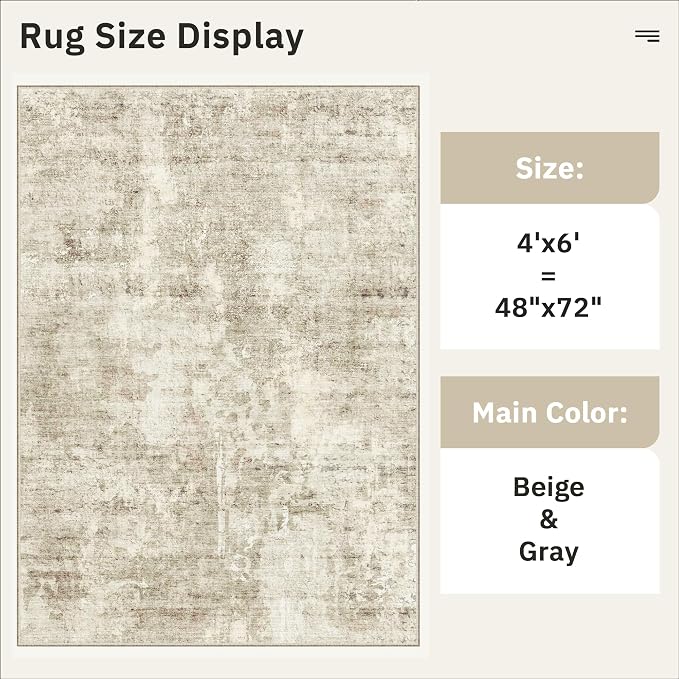Soalmost 4x6 Area Rugs for Living Room, Vintage Washable Rugs for Dining Room, Bedroom, Home Office Decor, Non-Slip Beige/Gray Carpet Thin Rug