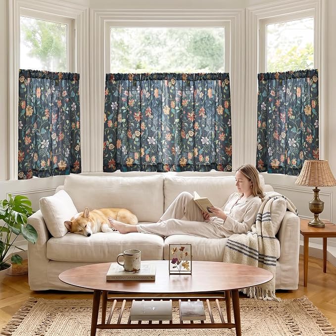 jinchan Hattie Floral Linen Kitchen Curtains 36 Inch Length Vintage Cottage Core Farmhouse Cafe Curtains Light Filtering Small Window Drapes for Living Room Bathroom Rod Pocket 2 Panels Dark Blue
