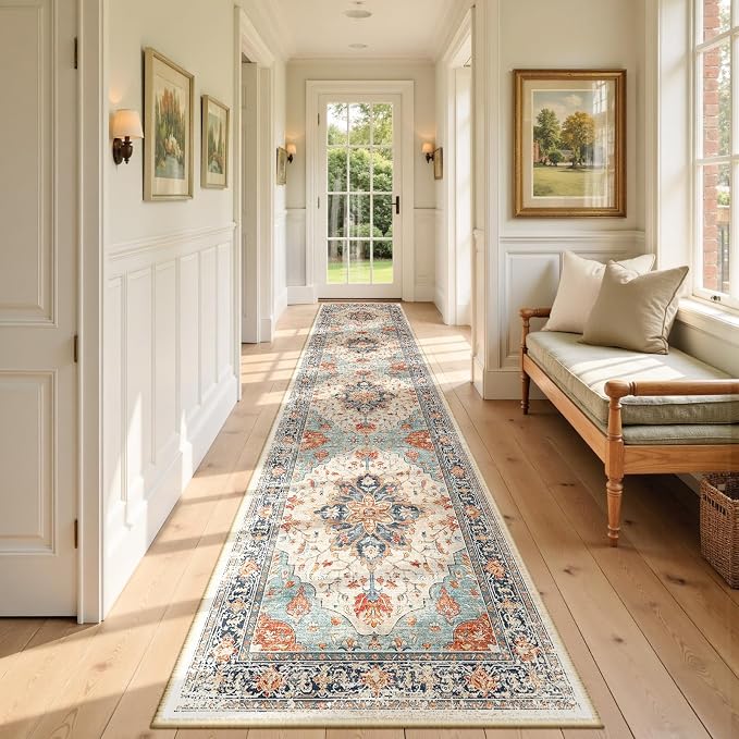 RELEANY Area Rugs Runner 2'x9' Washable Non-Slip, Floral Vintage Distress Medallion Carpet for Kitchen Hallway Bedroom Beside Laundry Room Bathroom, Beige Navy Blue Orange Colorful