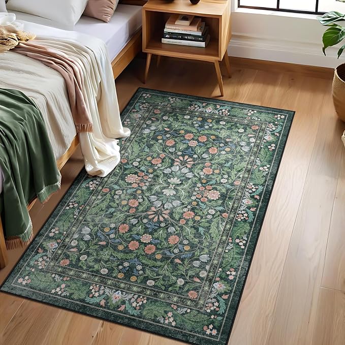 Floral Indoor Entrance 3x5 Area Rug, Washable Vintage Boho Entryway Rugs, Low Pile Non Slip Soft Carpet for Kitchen, Bedroom Beside, Laundry Room, Office Rug, Kids Room, Nursery Room， Green