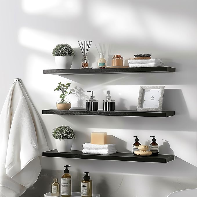 YYWUOJJ Wood Floating Shelves for Wall Decor, Rustic Wall Shelves for Bedroom Bathroom Kitchen Living Room, Set of 4 Black 36 Inch